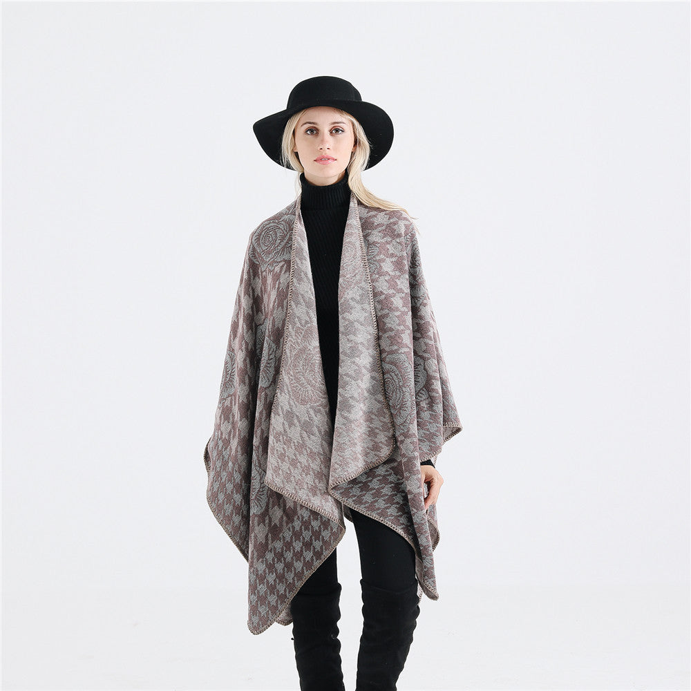 Damen Jacquard-Ruana mit Hahnentritt- und Rosenmotiv Drune