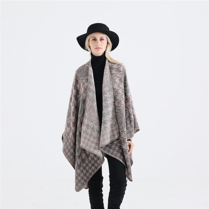 Damen Jacquard-Ruana mit Hahnentritt- und Rosenmotiv Drune