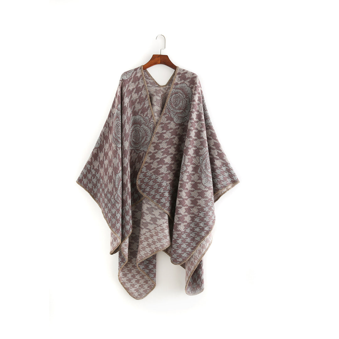Damen Jacquard-Ruana mit Hahnentritt- und Rosenmotiv Drune