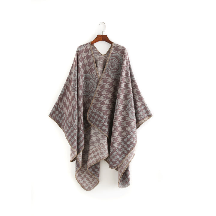 Damen Jacquard-Ruana mit Hahnentritt- und Rosenmotiv Drune
