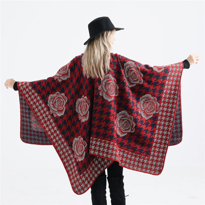Damen Jacquard-Ruana mit Hahnentritt- und Rosenmotiv Drune