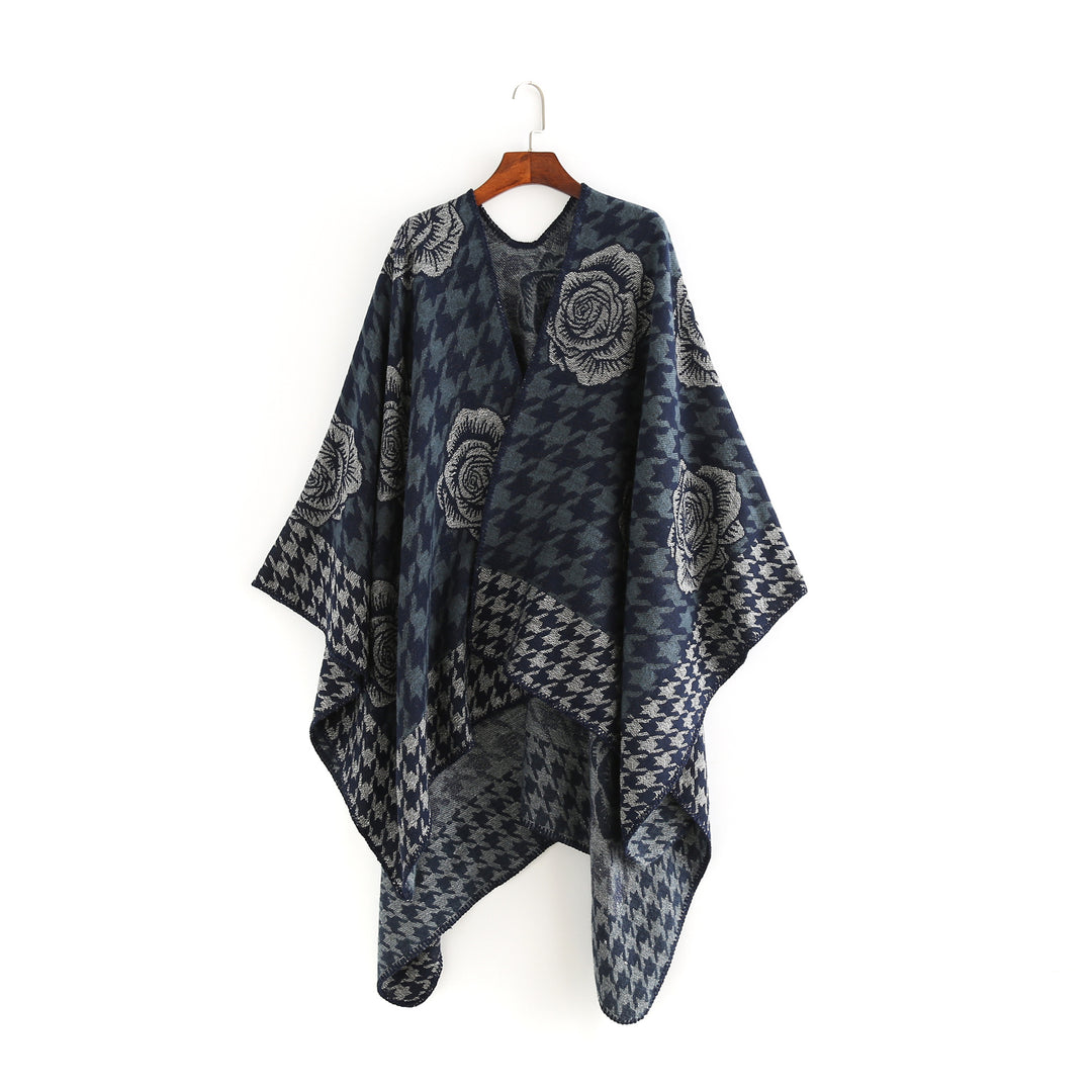 Damen Jacquard-Ruana mit Hahnentritt- und Rosenmotiv Drune
