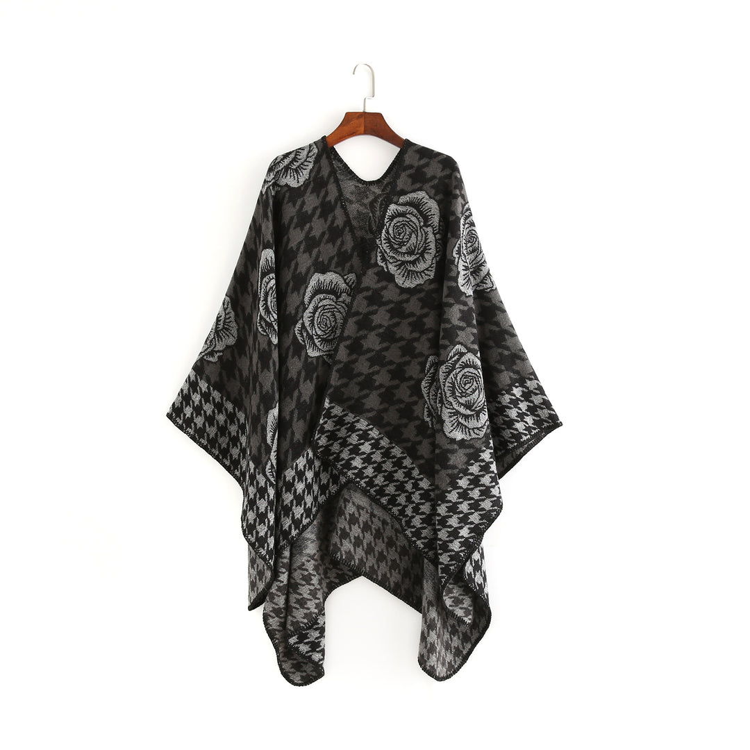 Damen Jacquard-Ruana mit Hahnentritt- und Rosenmotiv Drune