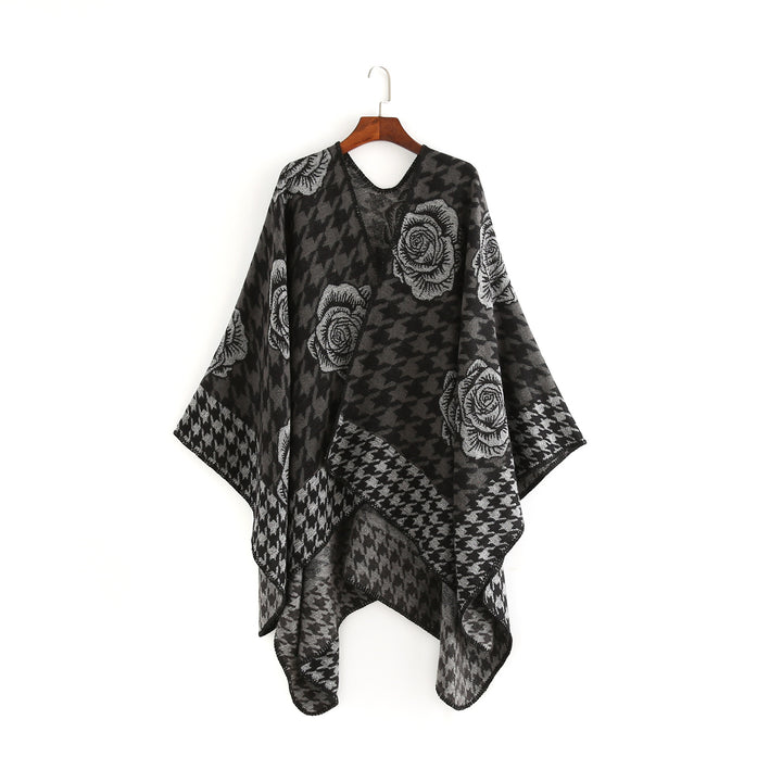 Damen Jacquard-Ruana mit Hahnentritt- und Rosenmotiv Drune