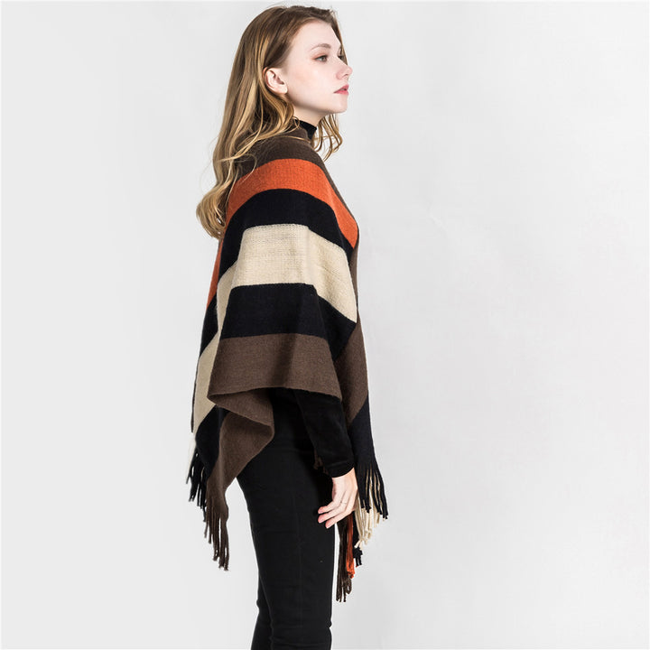 Damen Oversize‑Strickruana mit Fransensaum und diagonaler Blockstreifen‑Optik Drune
