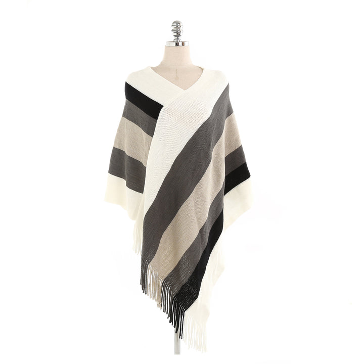 Damen Oversize‑Strickruana mit Fransensaum und diagonaler Blockstreifen‑Optik Drune