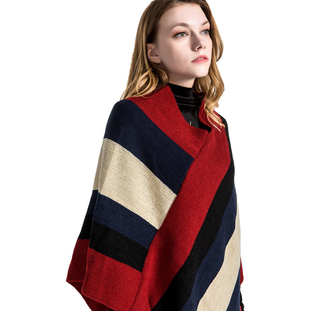 Damen Oversize‑Strickruana mit Fransensaum und diagonaler Blockstreifen‑Optik Drune