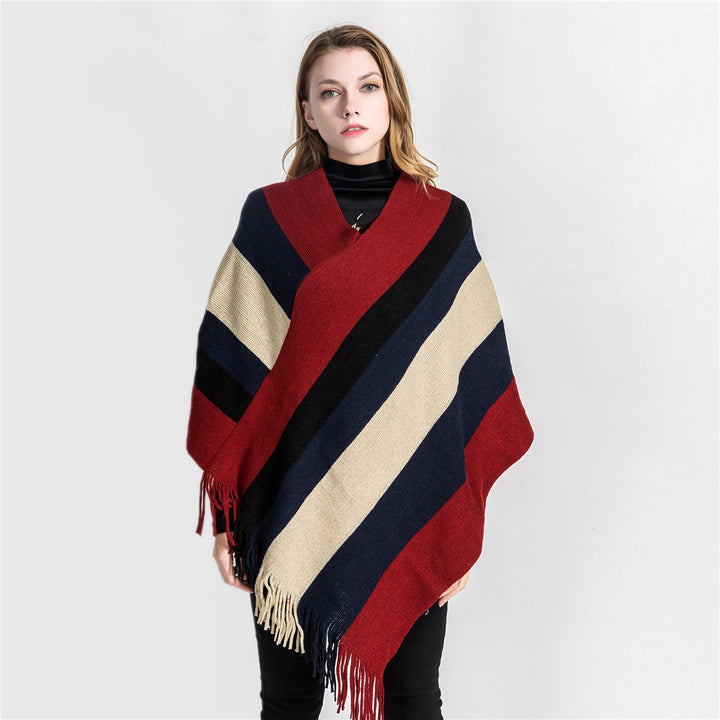 Damen Oversize‑Strickruana mit Fransensaum und diagonaler Blockstreifen‑Optik Drune