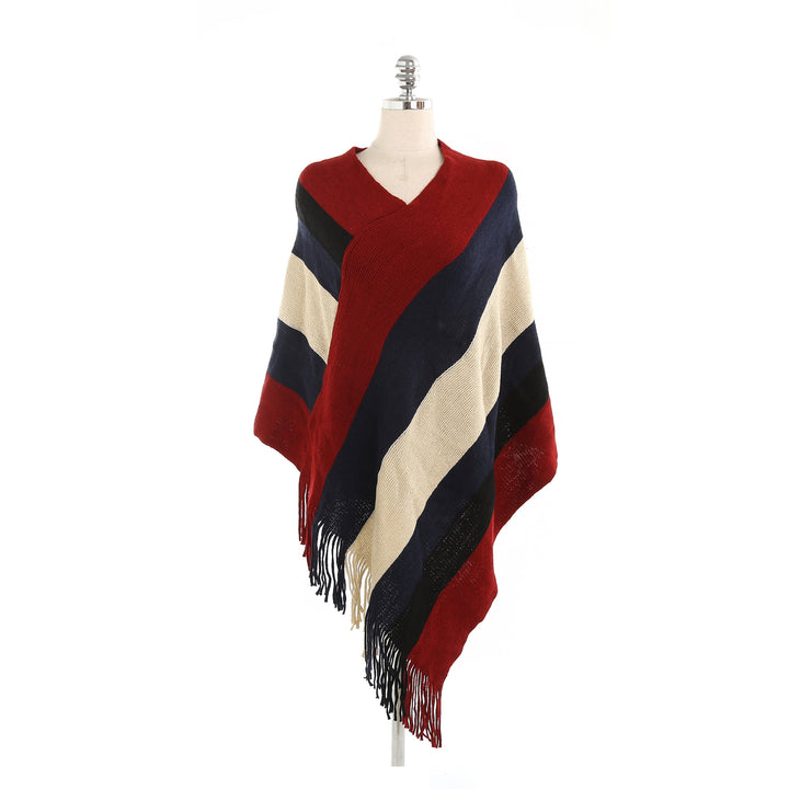 Damen Oversize‑Strickruana mit Fransensaum und diagonaler Blockstreifen‑Optik Drune