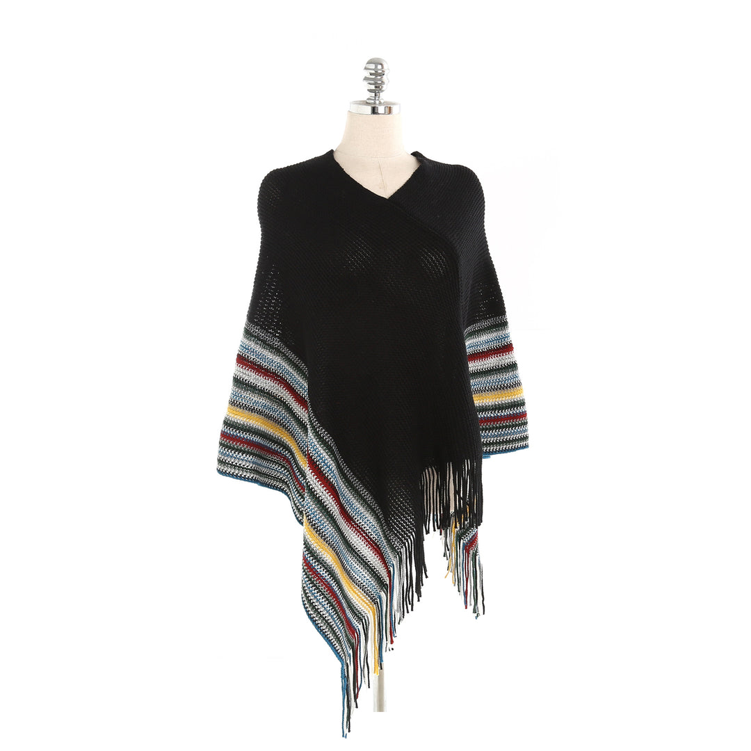 Damen Oversize-Strickruana mit Fransen und gestreifter Bordüre Drune