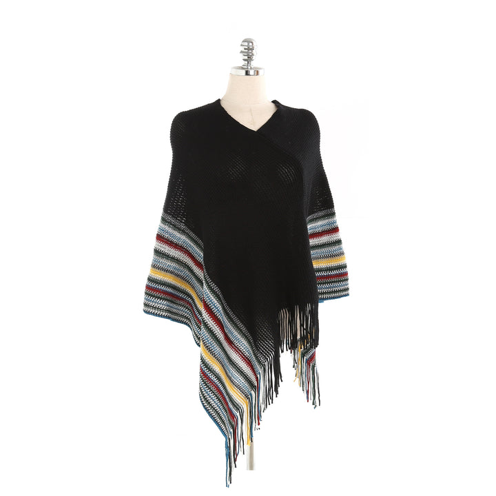 Damen Oversize-Strickruana mit Fransen und gestreifter Bordüre Drune