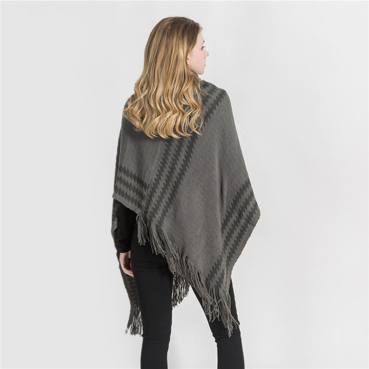Damen Strick‑Kapuzencape im Hahnentritt‑Jacquard mit Fransensaum Drune