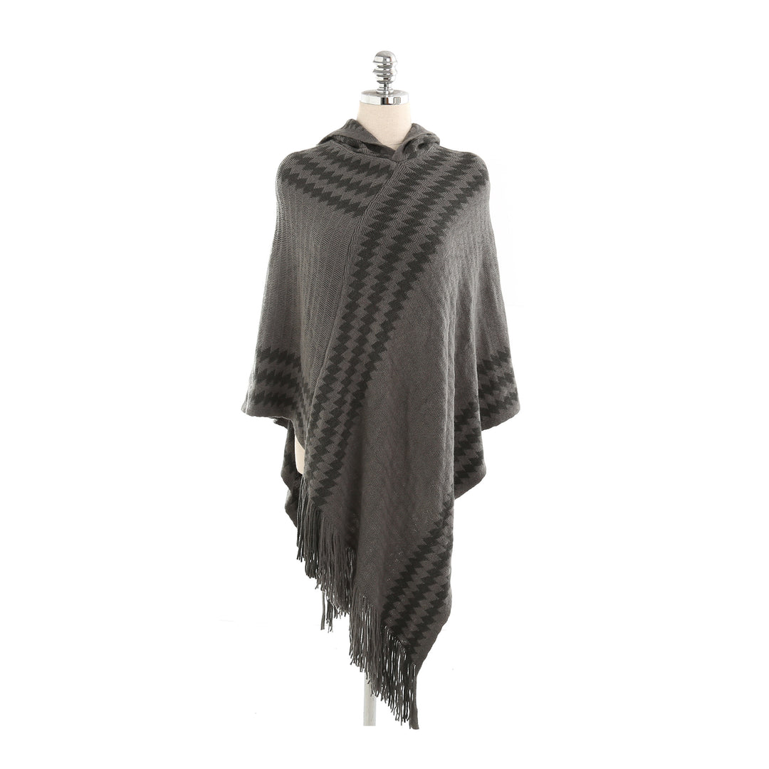 Damen Strick‑Kapuzencape im Hahnentritt‑Jacquard mit Fransensaum Drune
