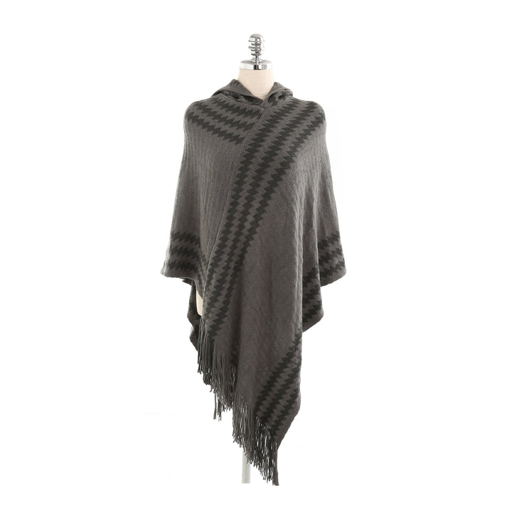 Damen Strick‑Kapuzencape im Hahnentritt‑Jacquard mit Fransensaum Drune