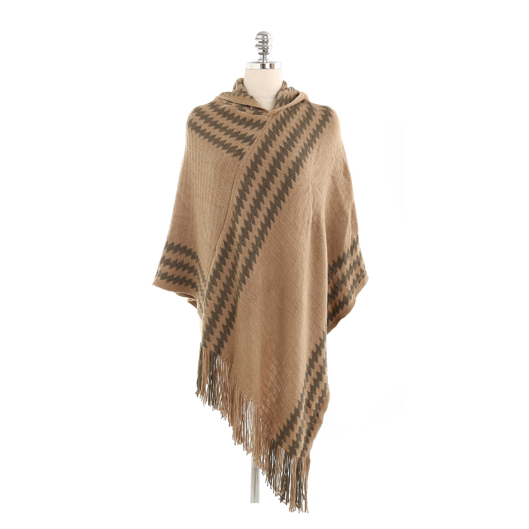 Damen Strick‑Kapuzencape im Hahnentritt‑Jacquard mit Fransensaum Drune