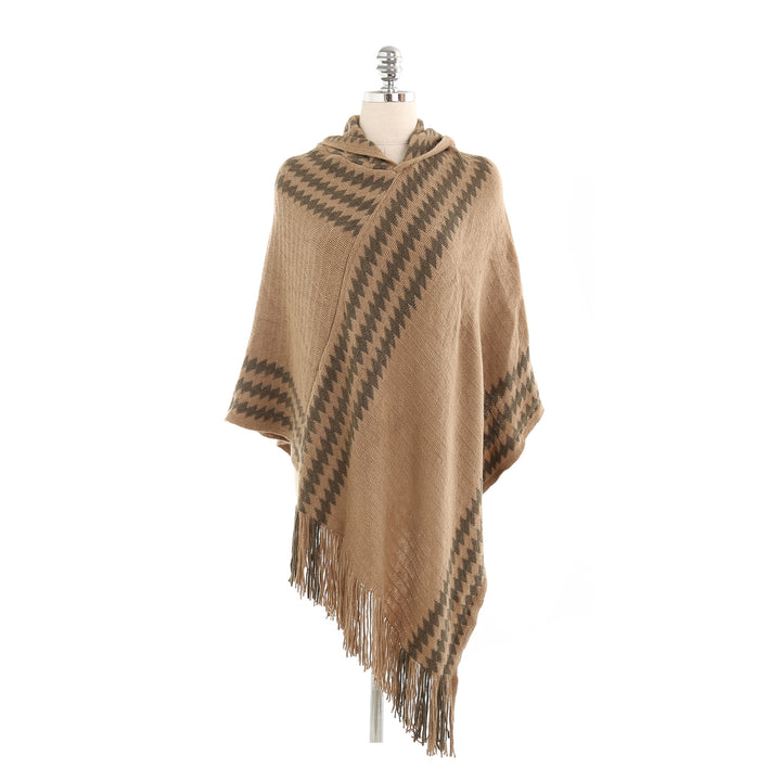 Damen Strick‑Kapuzencape im Hahnentritt‑Jacquard mit Fransensaum Drune