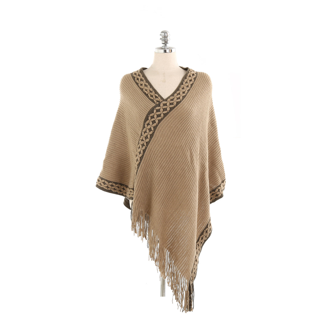 Damen V-Ausschnitt Ruana-Poncho mit geflochtener Bordüre und Fransen Drune