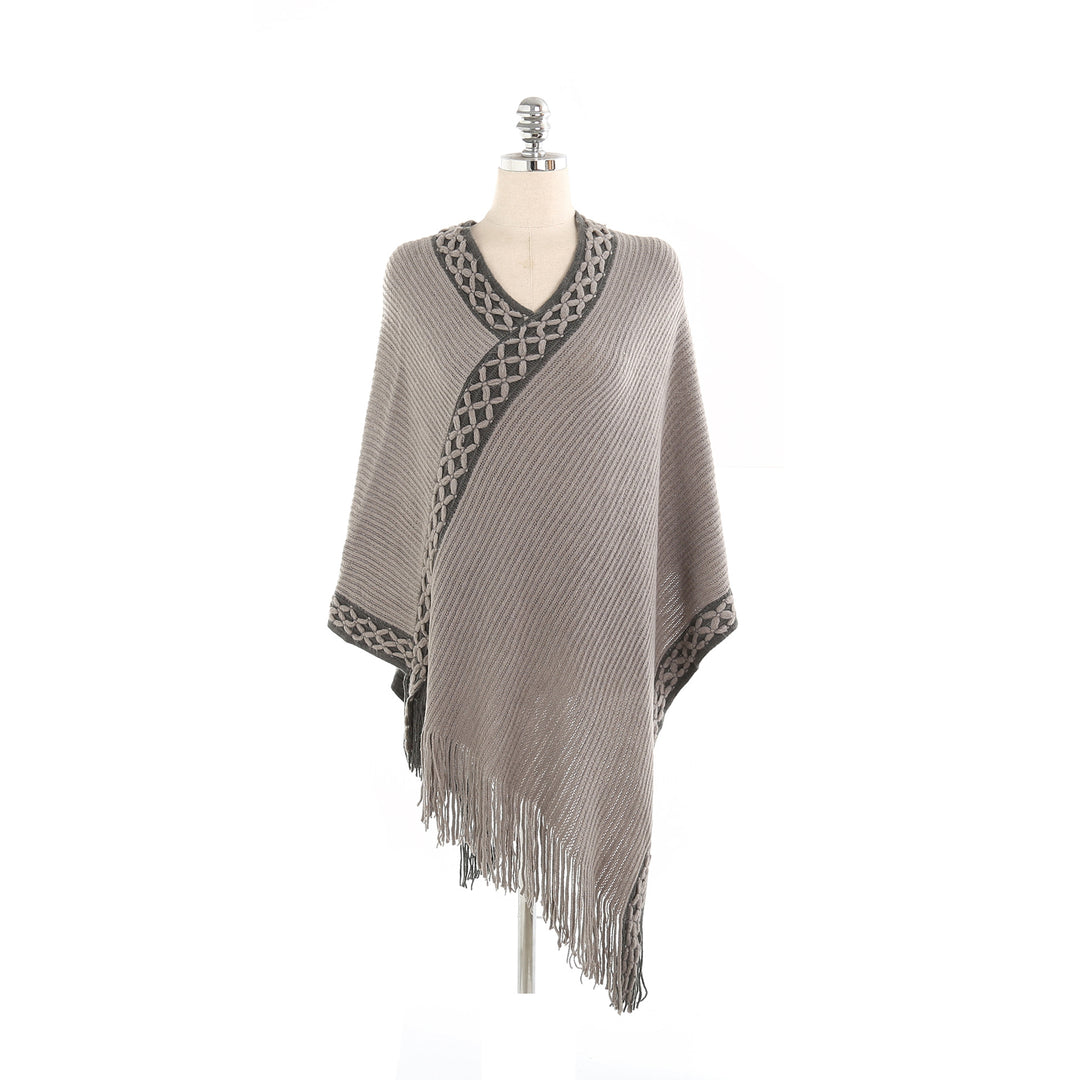 Damen V-Ausschnitt Ruana-Poncho mit geflochtener Bordüre und Fransen Drune