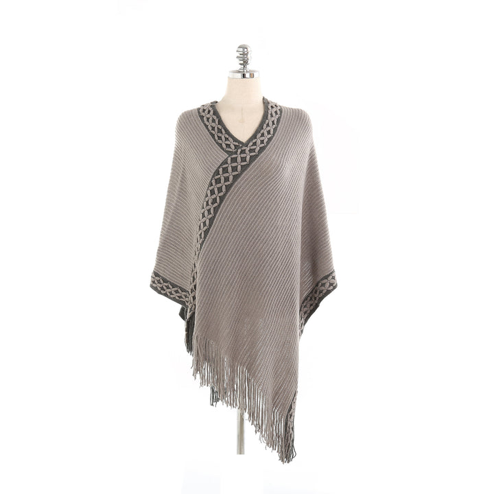 Damen V-Ausschnitt Ruana-Poncho mit geflochtener Bordüre und Fransen Drune