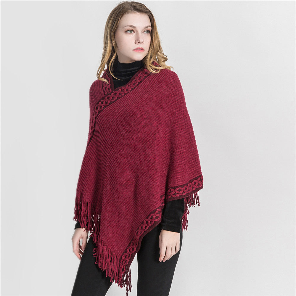 Damen V-Ausschnitt Ruana-Poncho mit geflochtener Bordüre und Fransen Drune