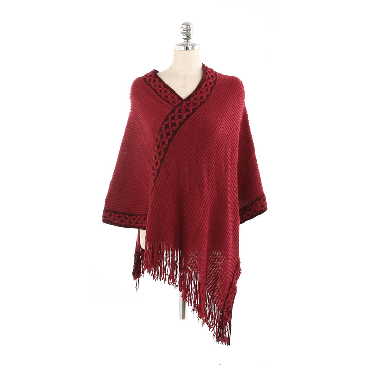 Damen V-Ausschnitt Ruana-Poncho mit geflochtener Bordüre und Fransen Drune