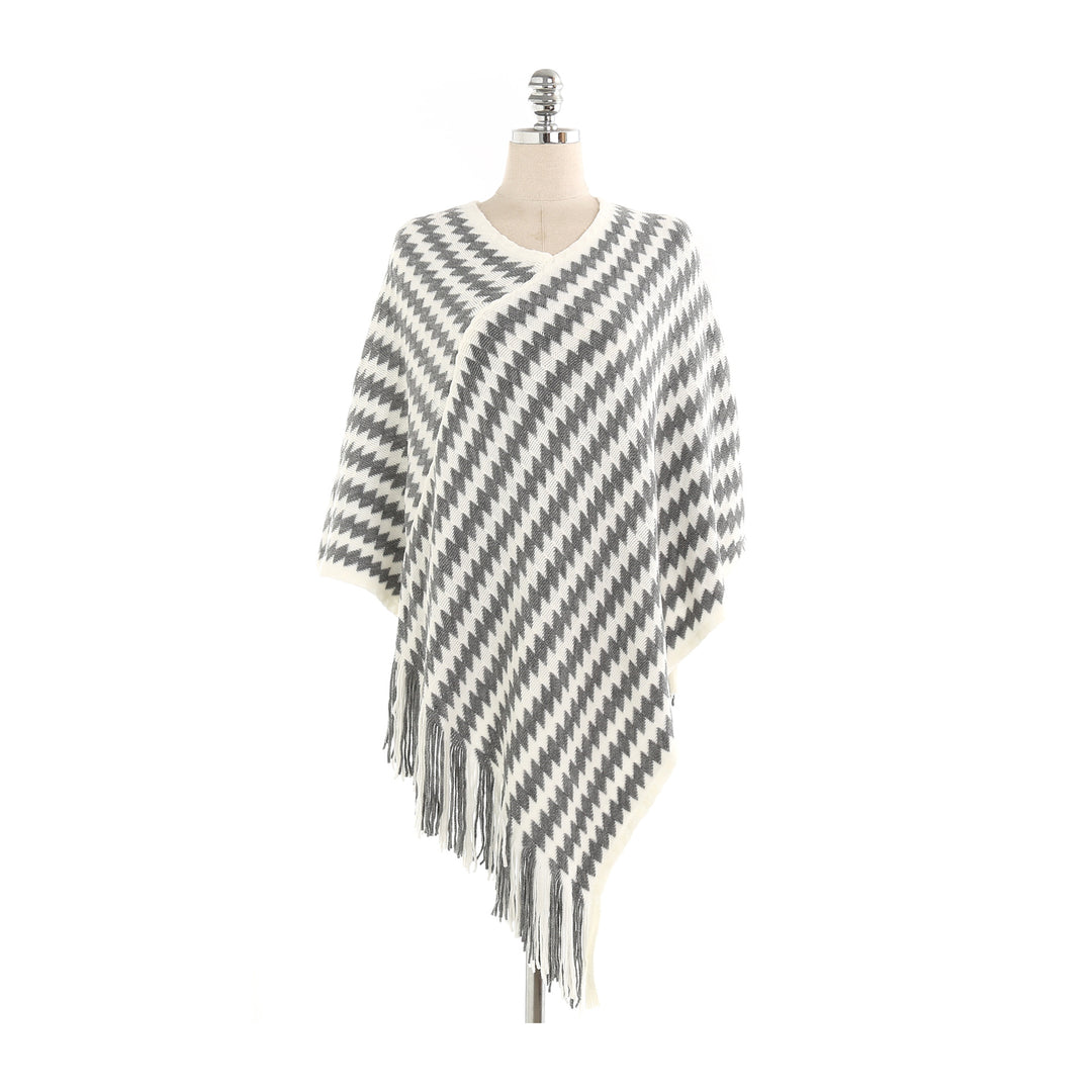 Damen Kaschmir‑Touch Ruana‑Poncho mit Zickzack‑Jacquard und Fransensaum Drune
