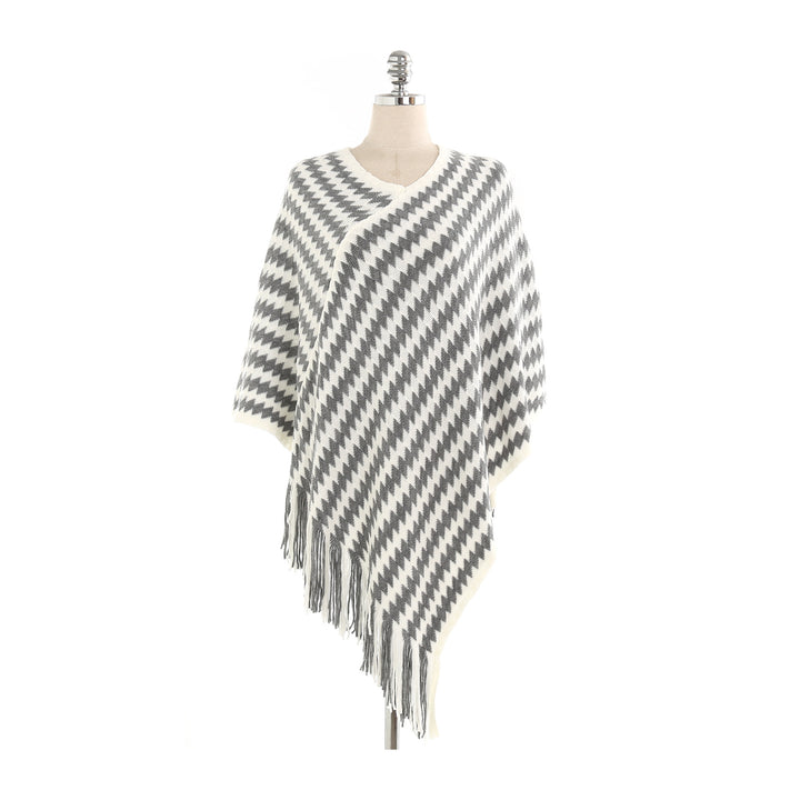 Damen Kaschmir‑Touch Ruana‑Poncho mit Zickzack‑Jacquard und Fransensaum Drune