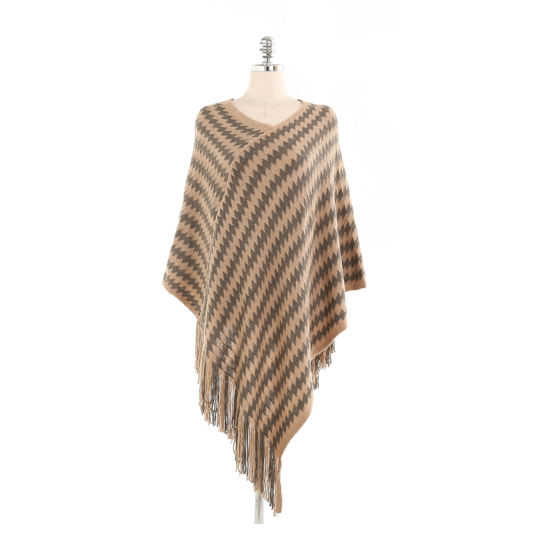 Damen Kaschmir‑Touch Ruana‑Poncho mit Zickzack‑Jacquard und Fransensaum Drune