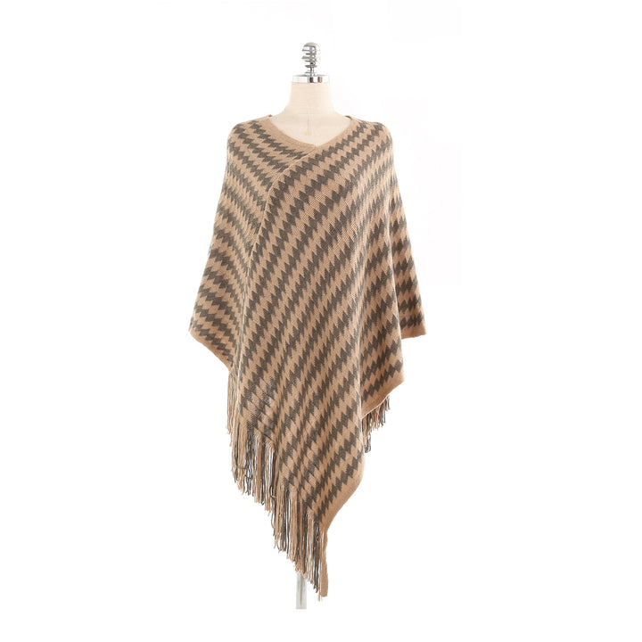 Damen Kaschmir‑Touch Ruana‑Poncho mit Zickzack‑Jacquard und Fransensaum Drune