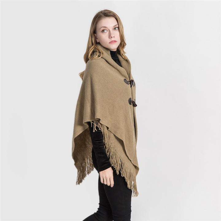 Damen Strick-Ruana-Poncho mit Schalkragen, Knebelverschlüssen und Fransensaum Drune