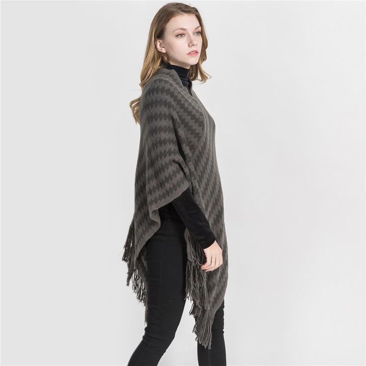 Damen Kaschmir‑Touch Ruana‑Poncho mit Zickzack‑Jacquard und Fransensaum Drune