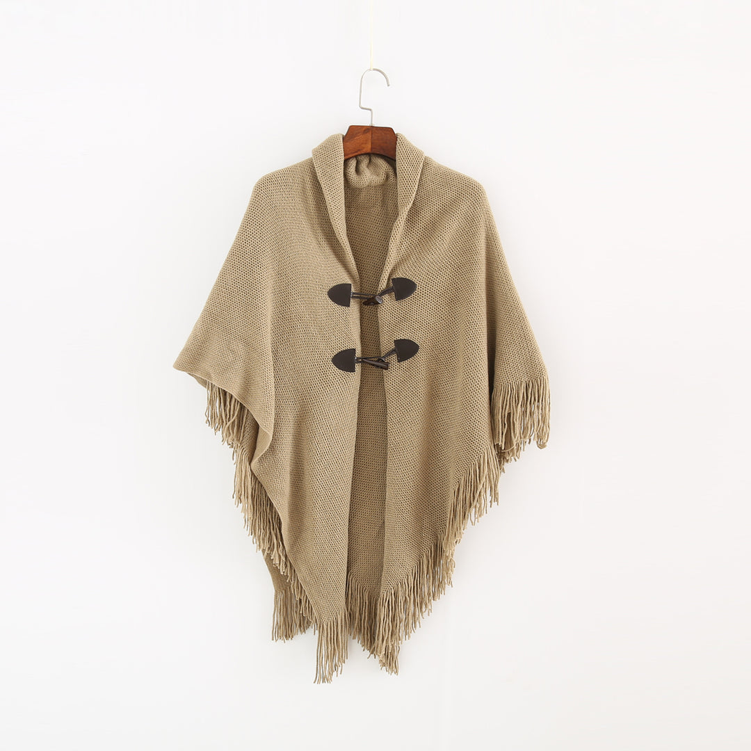 Damen Strick-Ruana-Poncho mit Schalkragen, Knebelverschlüssen und Fransensaum Drune