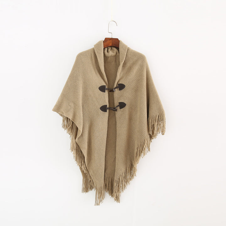 Damen Strick-Ruana-Poncho mit Schalkragen, Knebelverschlüssen und Fransensaum Drune