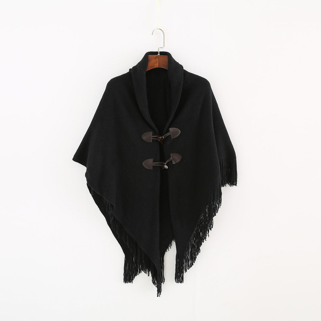 Damen Strick-Ruana-Poncho mit Schalkragen, Knebelverschlüssen und Fransensaum Drune