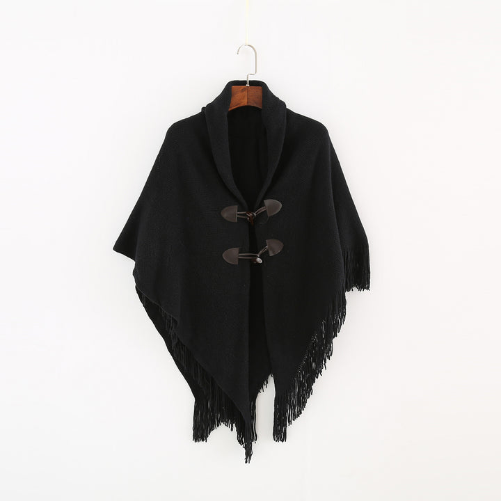 Damen Strick-Ruana-Poncho mit Schalkragen, Knebelverschlüssen und Fransensaum Drune