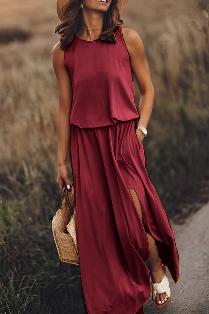 Drune langes Kleid | Elegantes ärmelloses Sommerkleid mit Ausschnitten