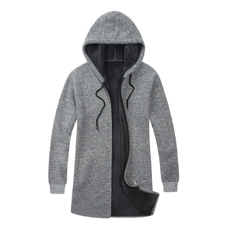 Herren Langer Kapuzen-Strickcardigan mit wärmender Teddyfleece-Innenfütterung, Tunnelzug und Eingrifftaschen Drune