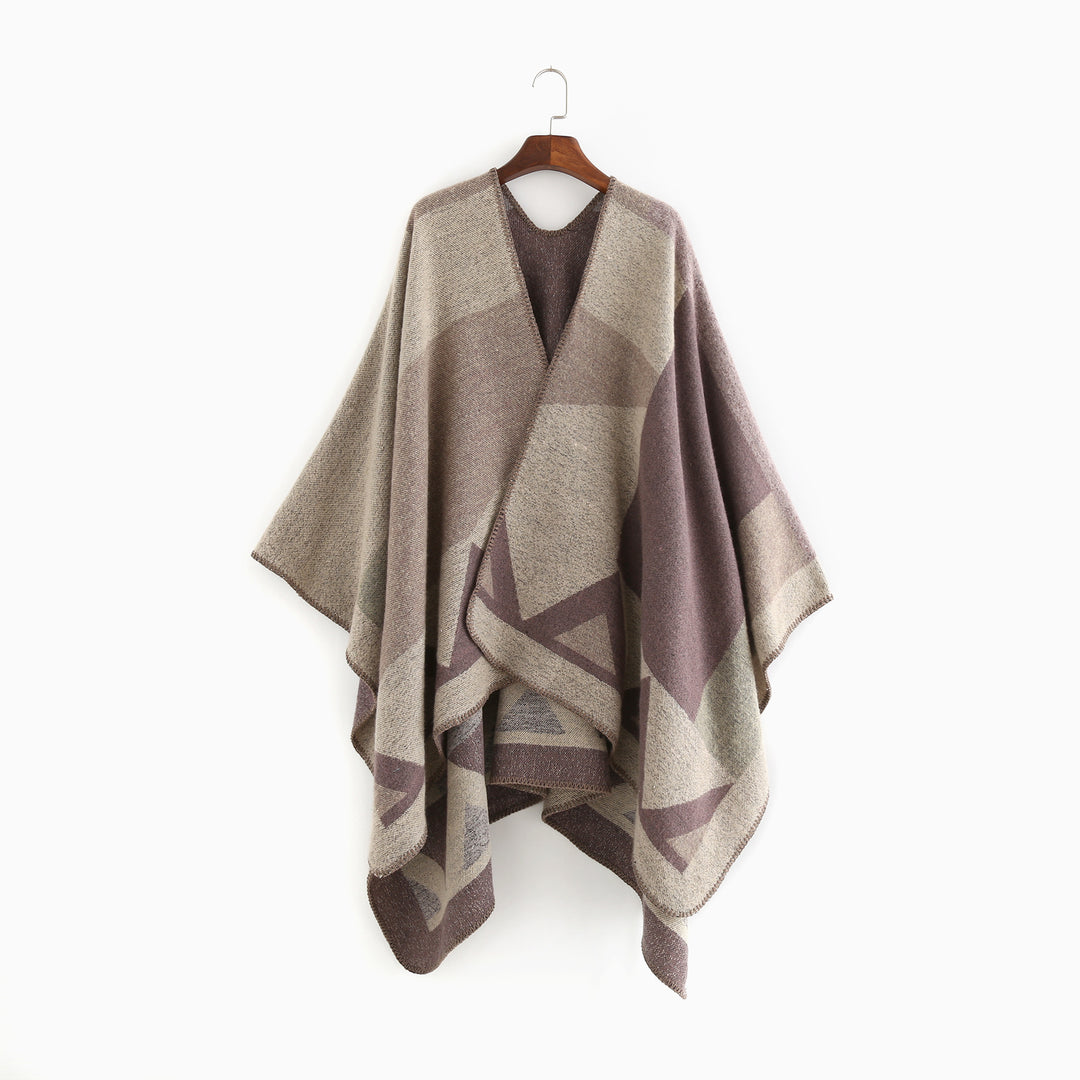 Damen Oversize-Ruana aus Wollmix mit geometrischem Intarsia und offenem Kimono-Fall Drune