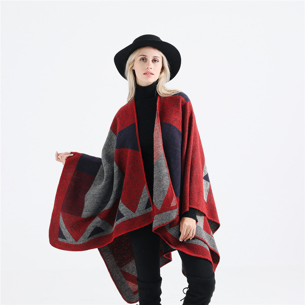 Damen Oversize-Ruana aus Wollmix mit geometrischem Intarsia und offenem Kimono-Fall Drune