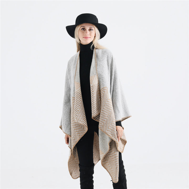 Damen Offener Ruana-Poncho im Oversize mit Chevron-Jacquard und Ziernaht Drune