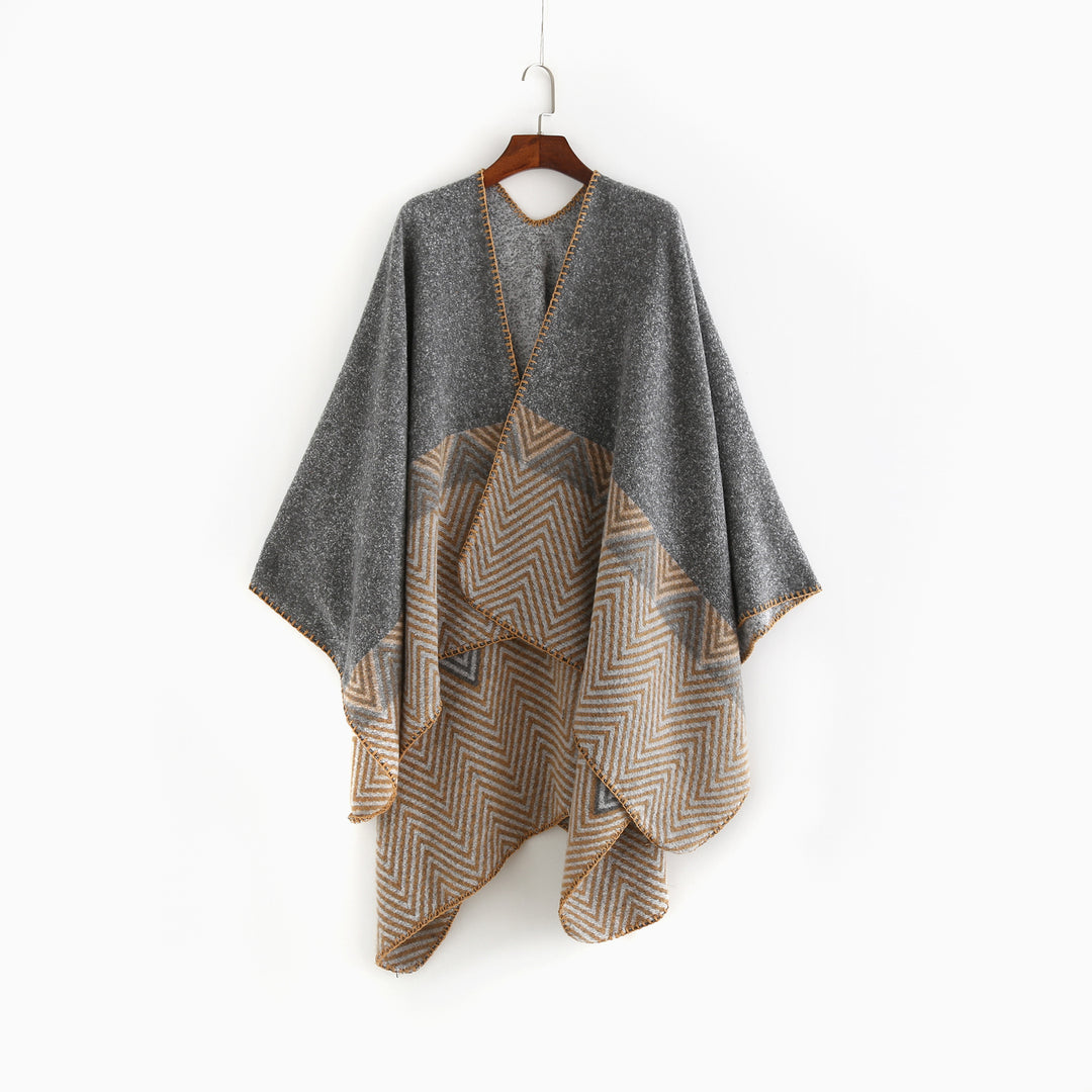 Damen Offener Ruana-Poncho im Oversize mit Chevron-Jacquard und Ziernaht Drune