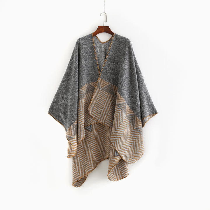 Damen Offener Ruana-Poncho im Oversize mit Chevron-Jacquard und Ziernaht Drune