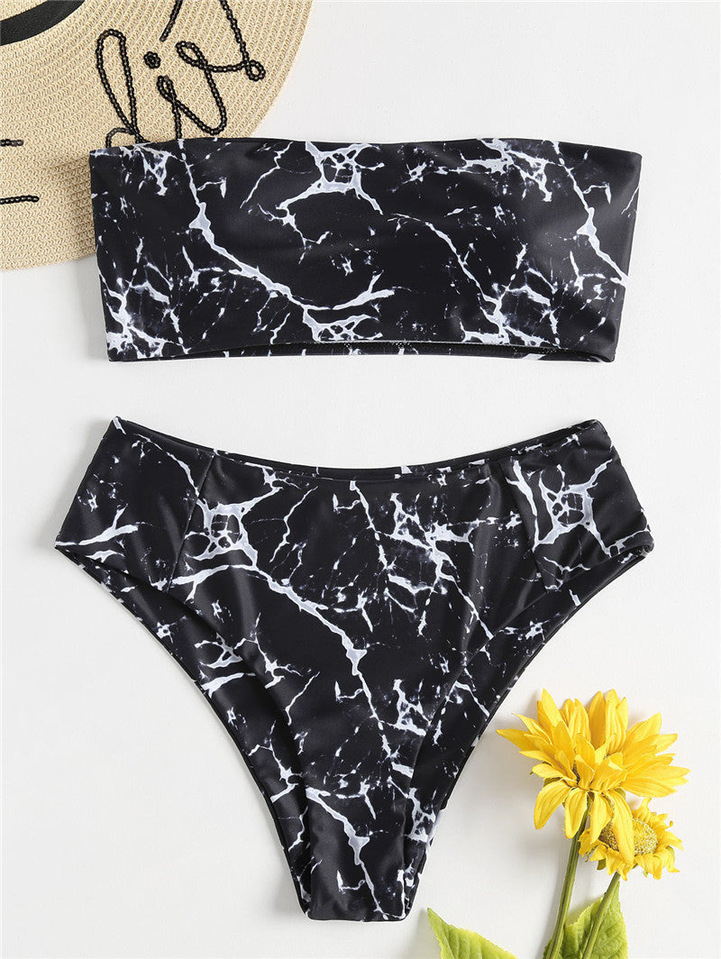 Damen Bandeau-Bikini mit elegantem Marmormuster Drune