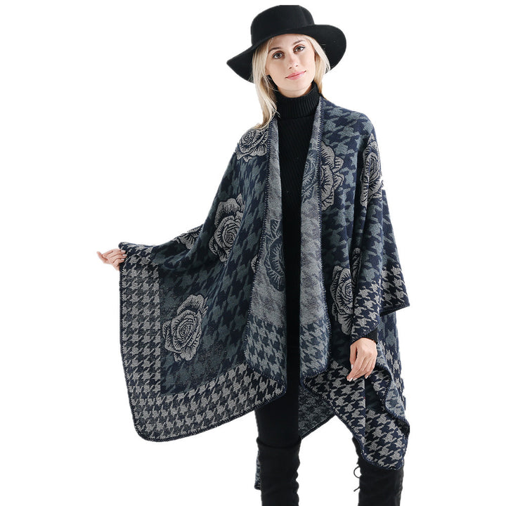 Damen Jacquard-Ruana mit Hahnentritt- und Rosenmotiv Drune