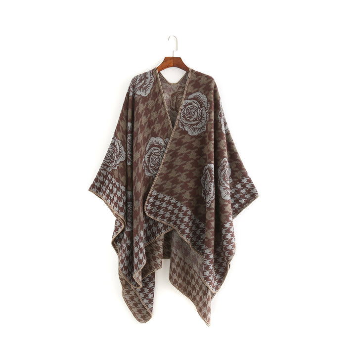 Damen Jacquard-Ruana mit Hahnentritt- und Rosenmotiv Drune