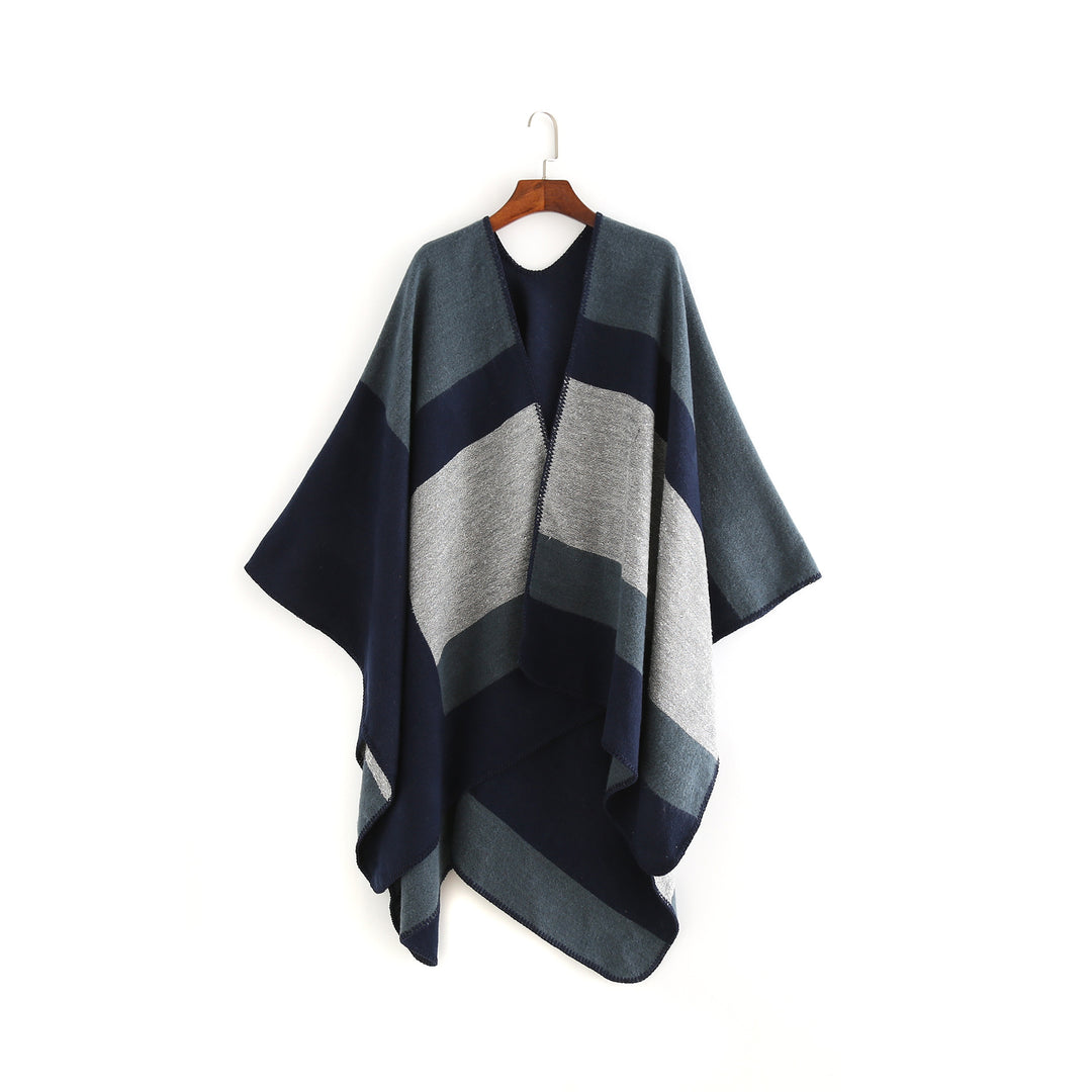 Damen Oversize‑Ruana‑Poncho aus Wollmix mit geometrischem Blockjacquard und V‑Ausschnitt Drune