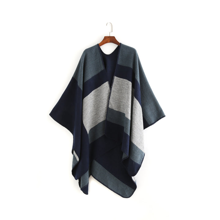 Damen Oversize‑Ruana‑Poncho aus Wollmix mit geometrischem Blockjacquard und V‑Ausschnitt Drune