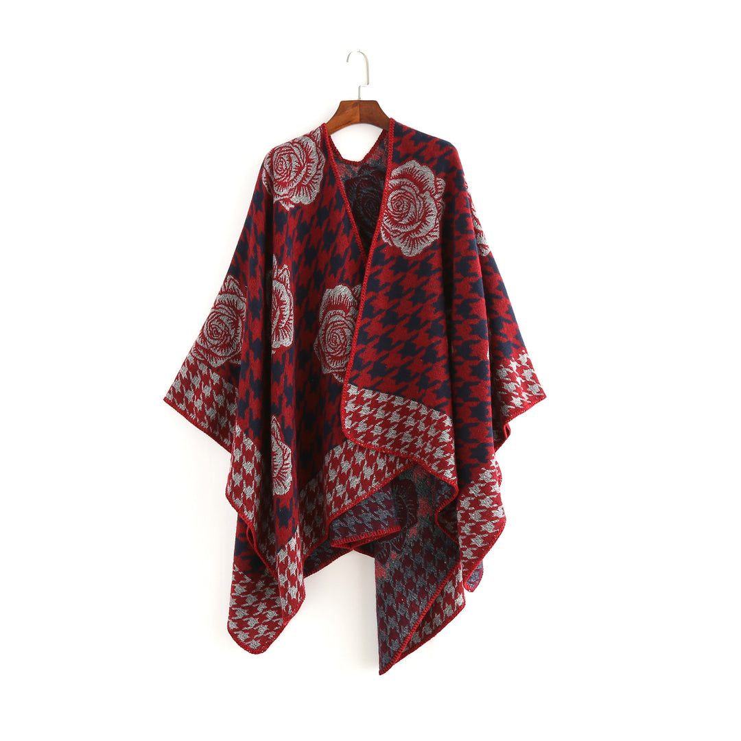 Damen Jacquard-Ruana mit Hahnentritt- und Rosenmotiv Drune