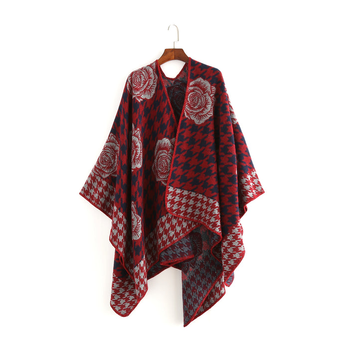 Damen Jacquard-Ruana mit Hahnentritt- und Rosenmotiv Drune