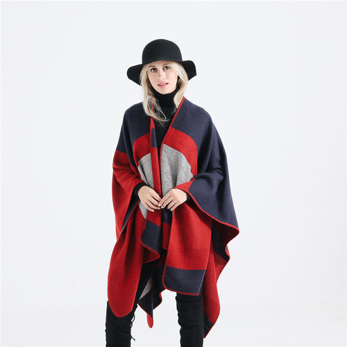 Damen Oversize‑Ruana‑Poncho aus Wollmix mit geometrischem Blockjacquard und V‑Ausschnitt Drune